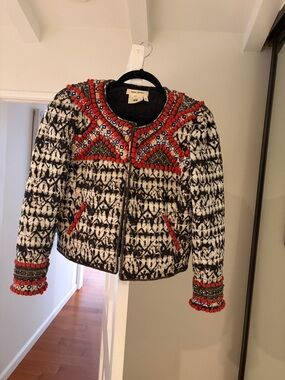 Isabel Marant Embellished Black, White & Red Jacket with Beading & Red Pompons